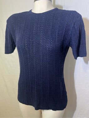 Vintage Dana Buchman Navy Blue Short Sleeve Cable Knit Sweater Made in USA Lg